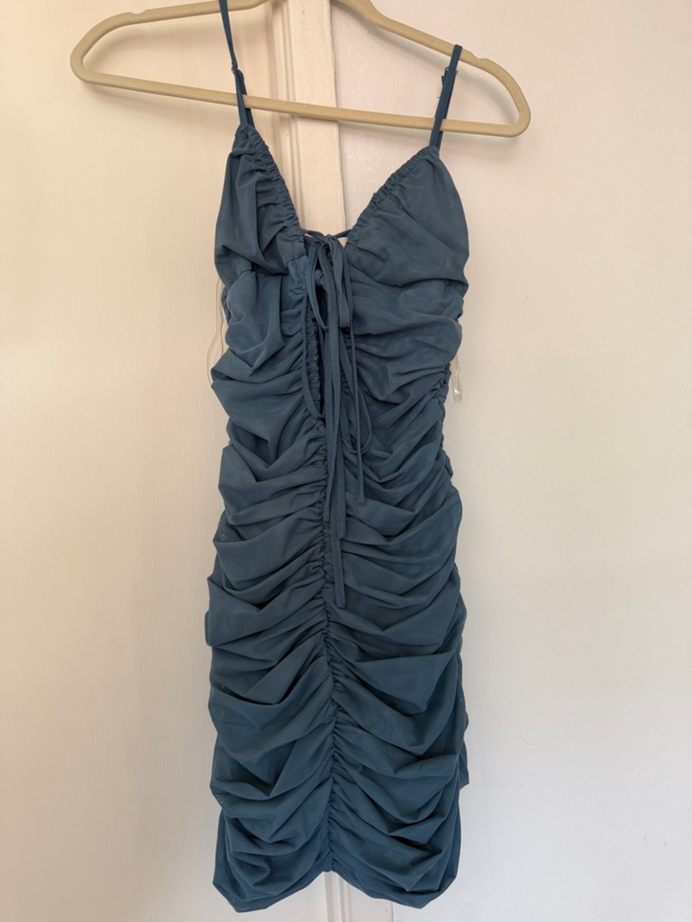 White Fox Boutique Teal Ruched Spaghetti Strap Mini Dress